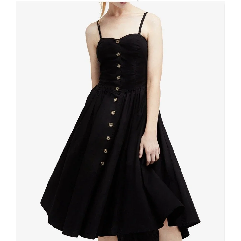 Free People Black Midi Dress Button Front Sweetheart Bodice Tie Back Fit & Flare - Picture 3 of 14